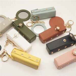 Leather Keychain for Women, Portable Lipstick Case with Mirror for Purse